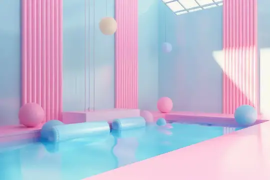 3D-рендер бассейна в пастельных розовых и голубых тонах