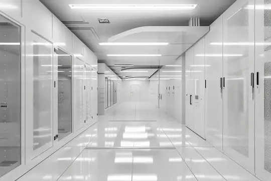 Футуристический коридор в центре обработки данных с отражающими белыми полами и минималистичным дизайном, подчеркивающий технологии и эффективность