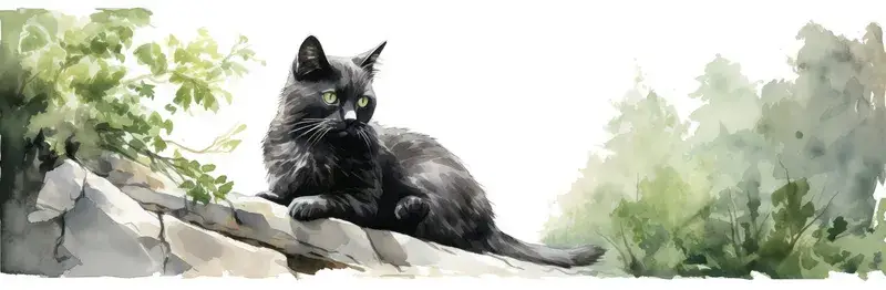 Акварельная иллюстрация чёрного кота, лежащего на камне