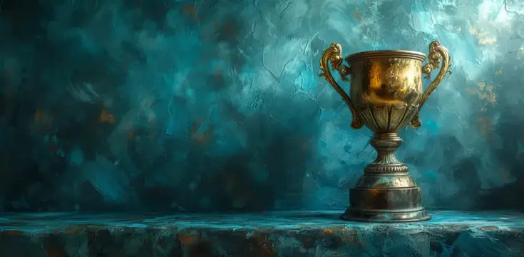 Старинный золотой кубок на фоне бирюзовой стены