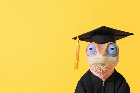 Хамелеон в выпускной мантии и академической шапочке на жёлтом фоне