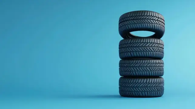 Стопка из четырёх автомобильных шин на голубом фоне