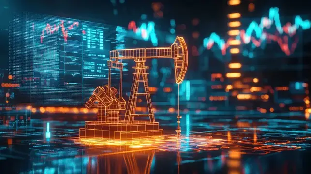 3D-рендер нефтяной качалки на фоне биржевых графиков