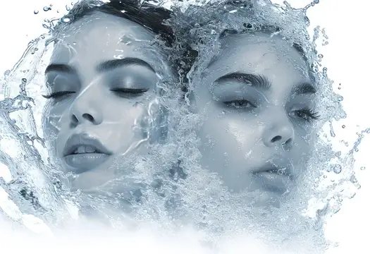 Два женских лица в брызгах воды на белом фоне