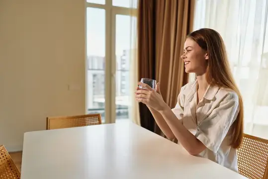 Улыбающаяся девушка смотрит в смартфон за белым столом у окна