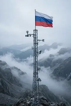 Российский флаг на вершине горной вышки в облаках