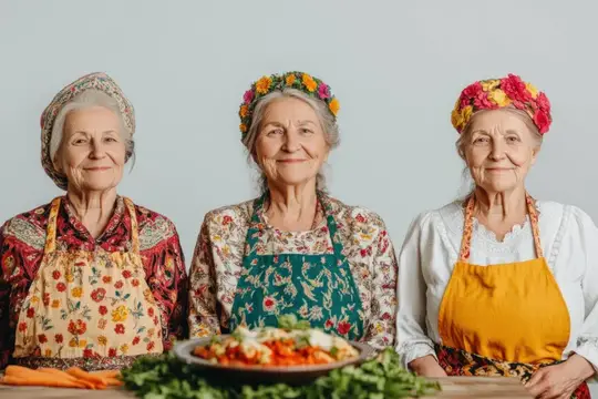 Три пожилые женщины в цветастых фартуках и венках на кухне