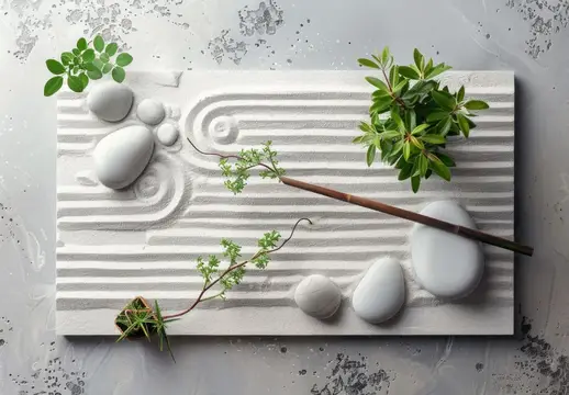 Умиротворяющая композиция из белых камней, маленьких зелёных растений и бамбуковой палочки на мягком сером фоне, подчёркивающая баланс и простоту