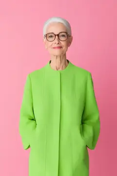Седовласая женщина в очках и зелёном пальто на розовом фоне