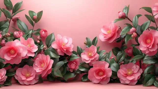 Розовые камелии с бутонами и зелеными листьями на нежно-розовом фоне