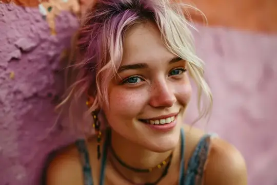 Улыбающаяся девушка с розовыми прядями у фиолетовой стены