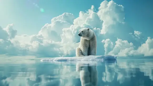 Белый медведь сидит на льдине среди облаков и воды