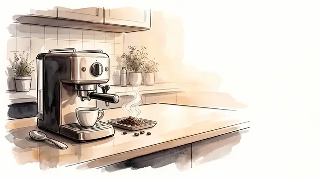 Иллюстрация кофемашины с чашкой кофе на кухонном столе