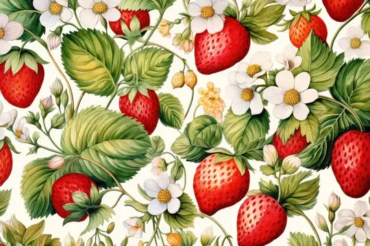 Иллюстрация с клубникой, белыми цветами и зелеными листьями