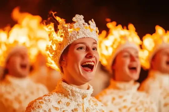 Радостная женщина в огненной короне празднует зимние торжества, одетая в белый орнаментированный наряд