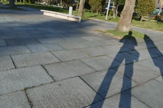 Тени двух пешеходов создают спокойную уличную сцену в парке, яркое солнце освещает текстуру асфальта и каменные плиты, передавая атмосферу мирного послеобеденного времени