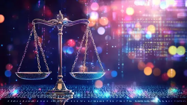 3D-рендер золотых весов правосудия на фоне цифровых данных