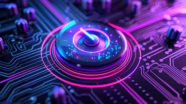 3D-рендер футуристической кнопки на микросхеме с неоновой подсветкой