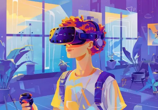 Иллюстрация рыжеволосого парня в VR-очках в комнате с растениями