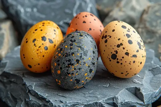 Четыре расписных пасхальных яйца с крапинками на сером камне