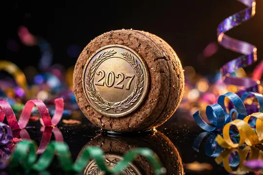 Пробковая пробка с гравировкой 2027 в окружении разноцветных серпантинов