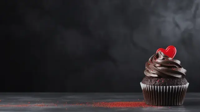 Шоколадный капкейк с красным сердечком на тёмном фоне