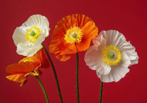 Белые и оранжевые маки на насыщенном красном фоне
