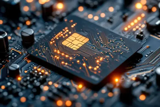 3D-рендер компьютерного чипа с золотыми контактами на плате