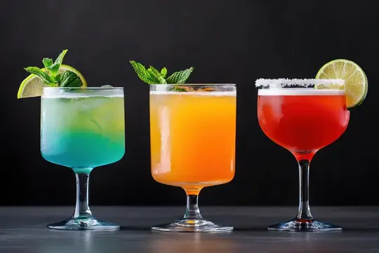 Три ярких коктейля с мятой и лаймом на тёмном фоне