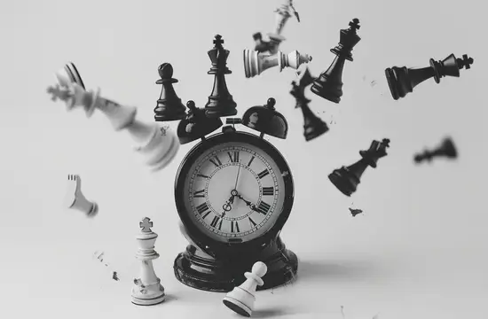 Шахматные фигуры разлетаются вокруг старинных часов