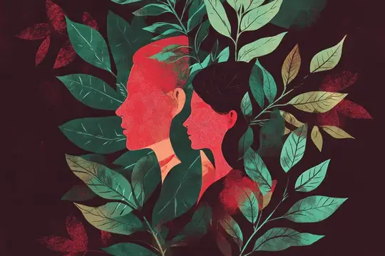 Иллюстрация с профилями мужчины и женщины среди зелёных листьев
