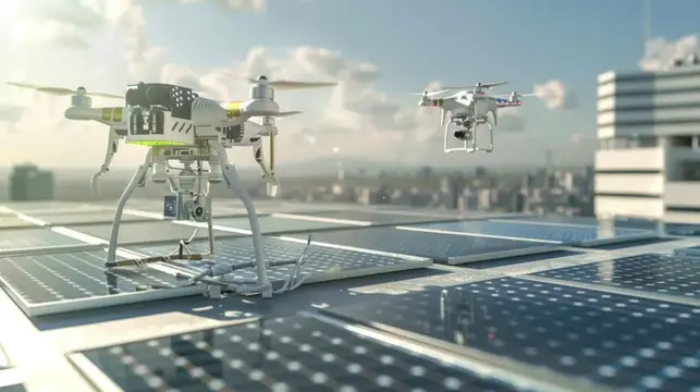 3D-рендер двух дронов над солнечными панелями на крыше