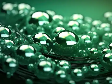 3D-рендер с блестящими зелёными сферами на тёмном фоне