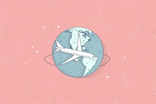Самолет облетает Землю на розовом фоне со звездами в небе, концепция путешествий и приключений