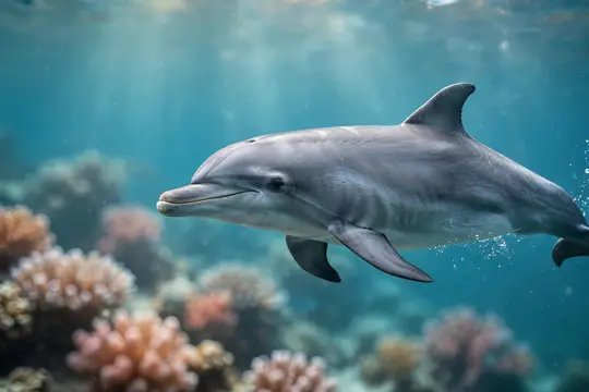 Дельфин плывёт под водой среди кораллов