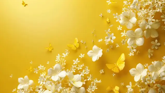 3D-рендер с жёлтыми бабочками и белыми цветами на солнечном фоне