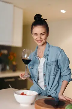 Улыбающаяся девушка с бокалом красного вина на кухне