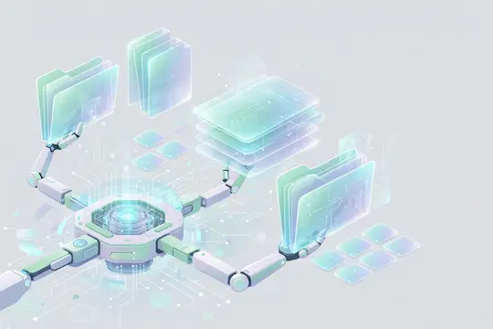 3D-рендер футуристической системы хранения данных с парящими папками