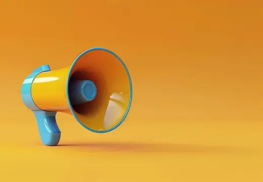 3D-рендер жёлто-голубого рупора на оранжевом фоне