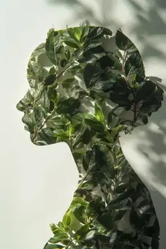 Коллаж с женским профилем из зелёных листьев на светлом фоне
