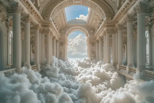 3D-рендер мраморной галереи с облаками вместо пола