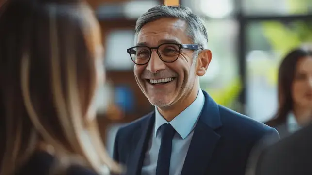 Улыбающийся седовласый мужчина в очках и костюме беседует с коллегой
