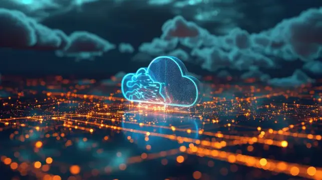 3D-рендер светящегося облака над потоком оранжевых данных
