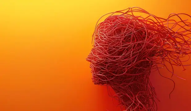 3D-рендер профиля головы из красных спутанных нитей на оранжевом фоне