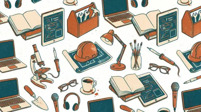 Иллюстрация с рабочими инструментами, гаджетами и книгами на светлом фоне