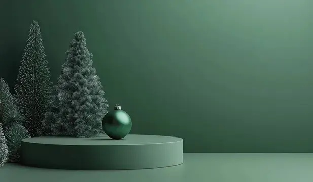 3D-рендер с зелёными ёлками и шаром на подиуме