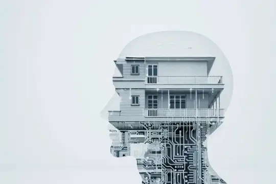 Художественное представление профиля человека, переплетенного с домом и дизайном печатной платы, демонстрирующее слияние технологии и дома