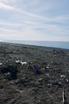 Загрязнённый пластиком и мусором пустынный берег у моря