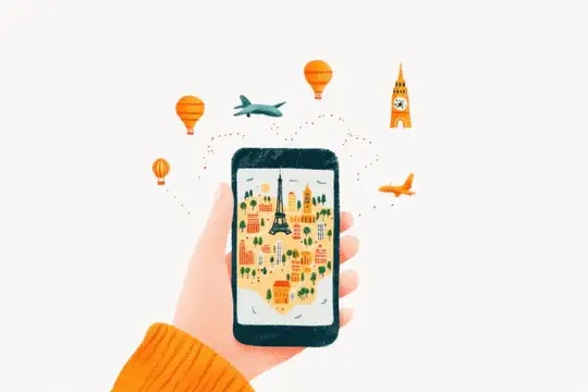 Иллюстрация смартфона в руке с картой достопримечательностей и воздушными шарами