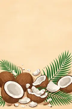 Иллюстрация с кокосами и пальмовыми листьями на бежевом фоне